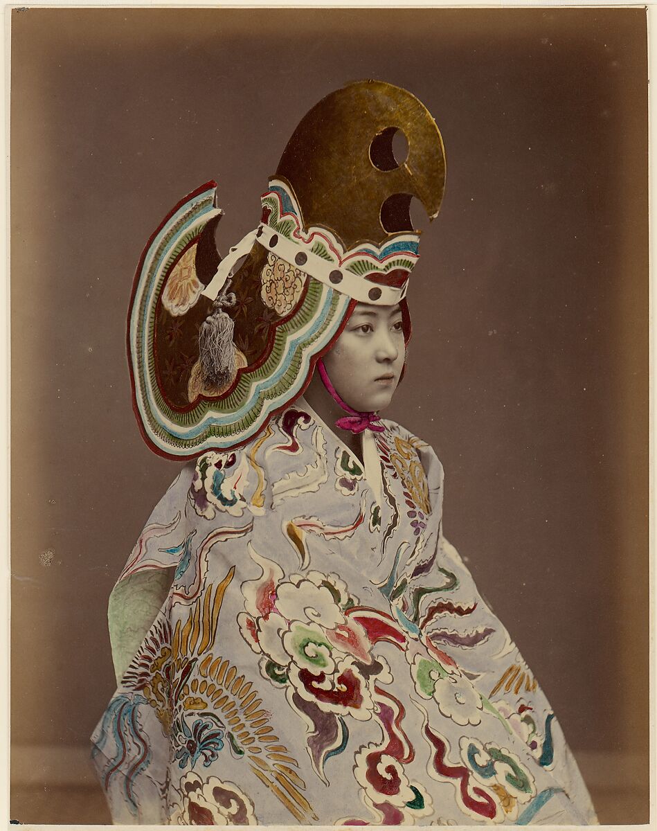 [Performer in Bugaku-style Costume], Unknown (Japanese), Albumen silver print with applied color 