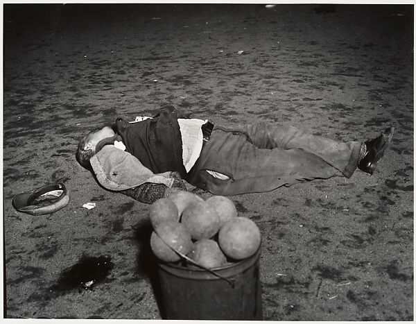 Murdered While Playing Boccia, Weegee (American (born Austria-Hungary), Złoczów (Zolochiv, Ukraine) 1899–1968 New York), Gelatin silver print 