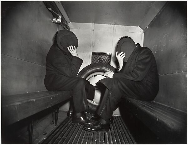 Charles Sodokoff and Arthur Webber Use Their Top Hats to Hide Their Faces, Weegee (American (born Austria-Hungary), Złoczów (Zolochiv, Ukraine) 1899–1968 New York), Gelatin silver print 