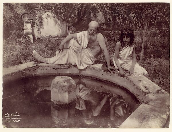 [Elderly Man and Young Boy at Garden Fountain, Sicily, Italy], Wilhelm von Gloeden (Italian (born Germany), 1886–1931), Albumen silver print from glass negative 
