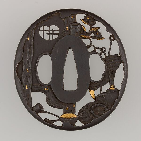 Sword Guard (Tsuba), Iron, gold, copper, Japanese 