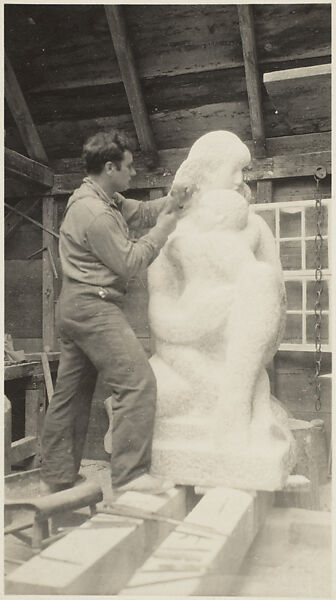 Roughing Out the First Stage of "Mother and Child", Marble, In Zorach's Studio, Robinhood, Maine, Charles Sheeler (American, Philadelphia, Pennsylvania 1883–1965 Dobbs Ferry, New York), Gelatin silver print 