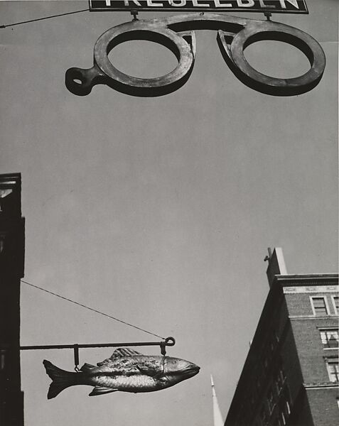 [Street Signs in Forms of Eyeglasses and Fish], André Kertész (American (born Hungary), Budapest 1894–1985 New York), Gelatin silver print 