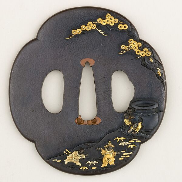 Sword Guard (Tsuba), Copper-gold alloy (shakudō), gold, silver, Japanese 