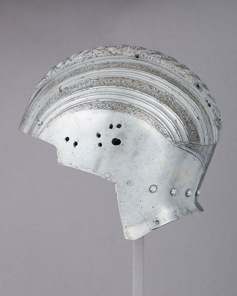 Close-Helmet, Steel, leather, gold, Italian, Milan or Brescia