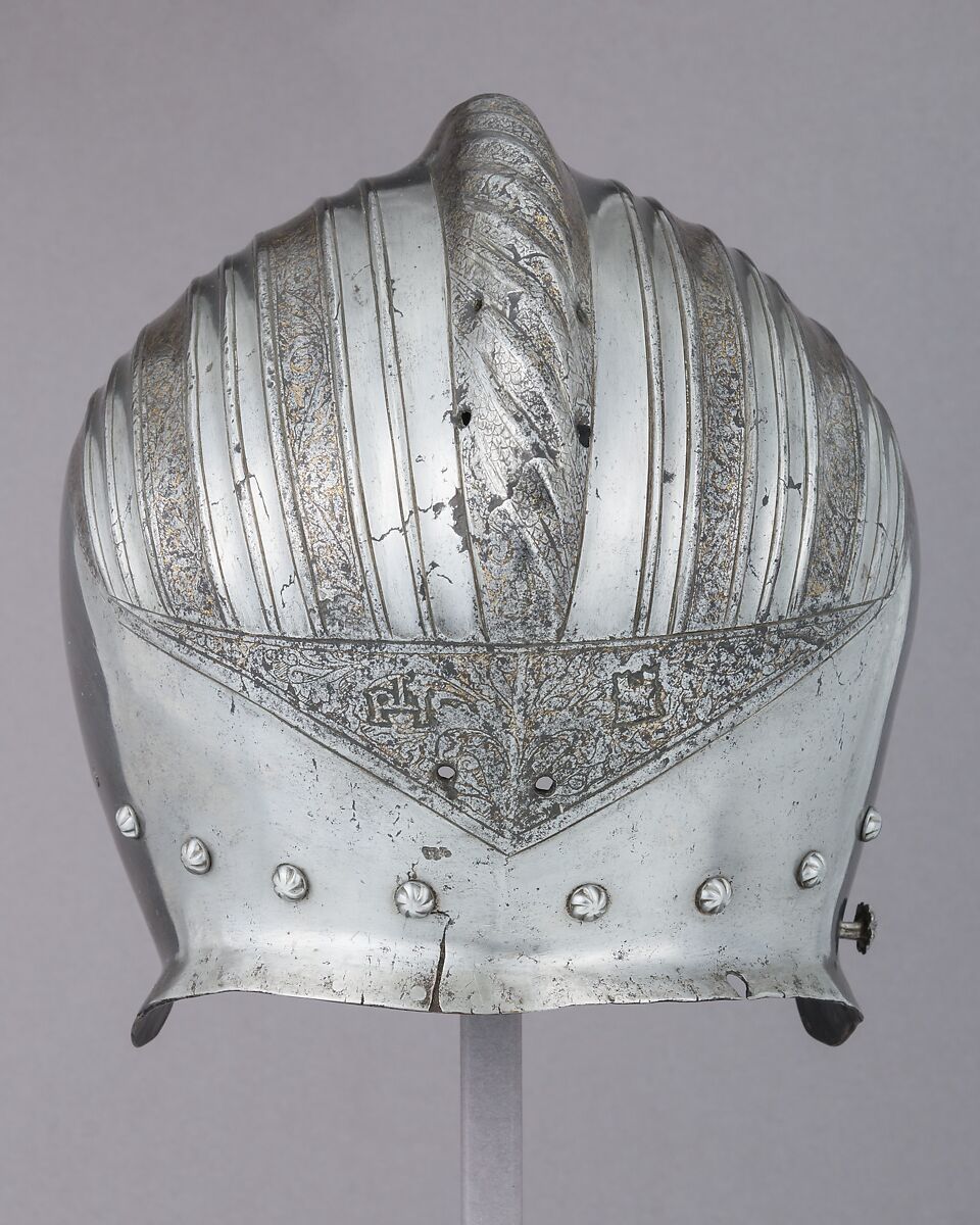 Close-Helmet, Steel, leather, gold, Italian, Milan or Brescia