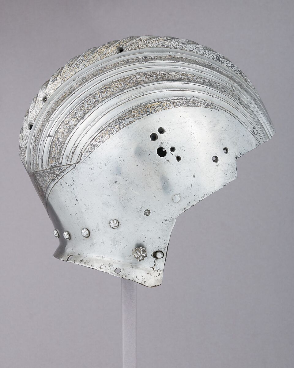 Close-Helmet, Steel, leather, gold, Italian, Milan or Brescia