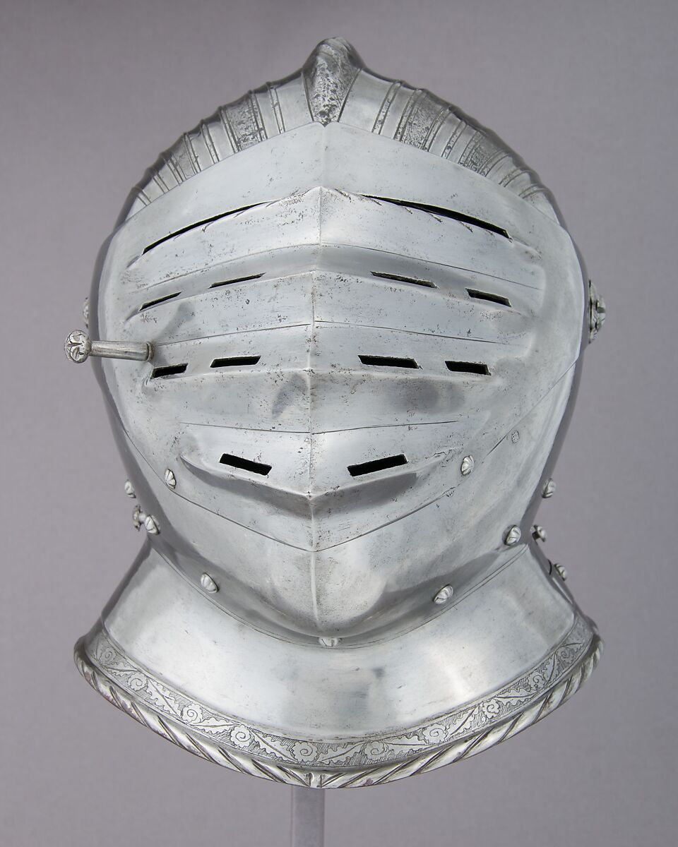 Close-Helmet, Steel, leather, gold, Italian, Milan or Brescia