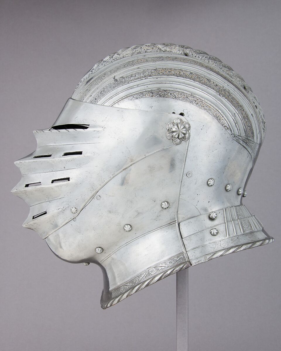 Close-Helmet, Steel, leather, gold, Italian, Milan or Brescia 