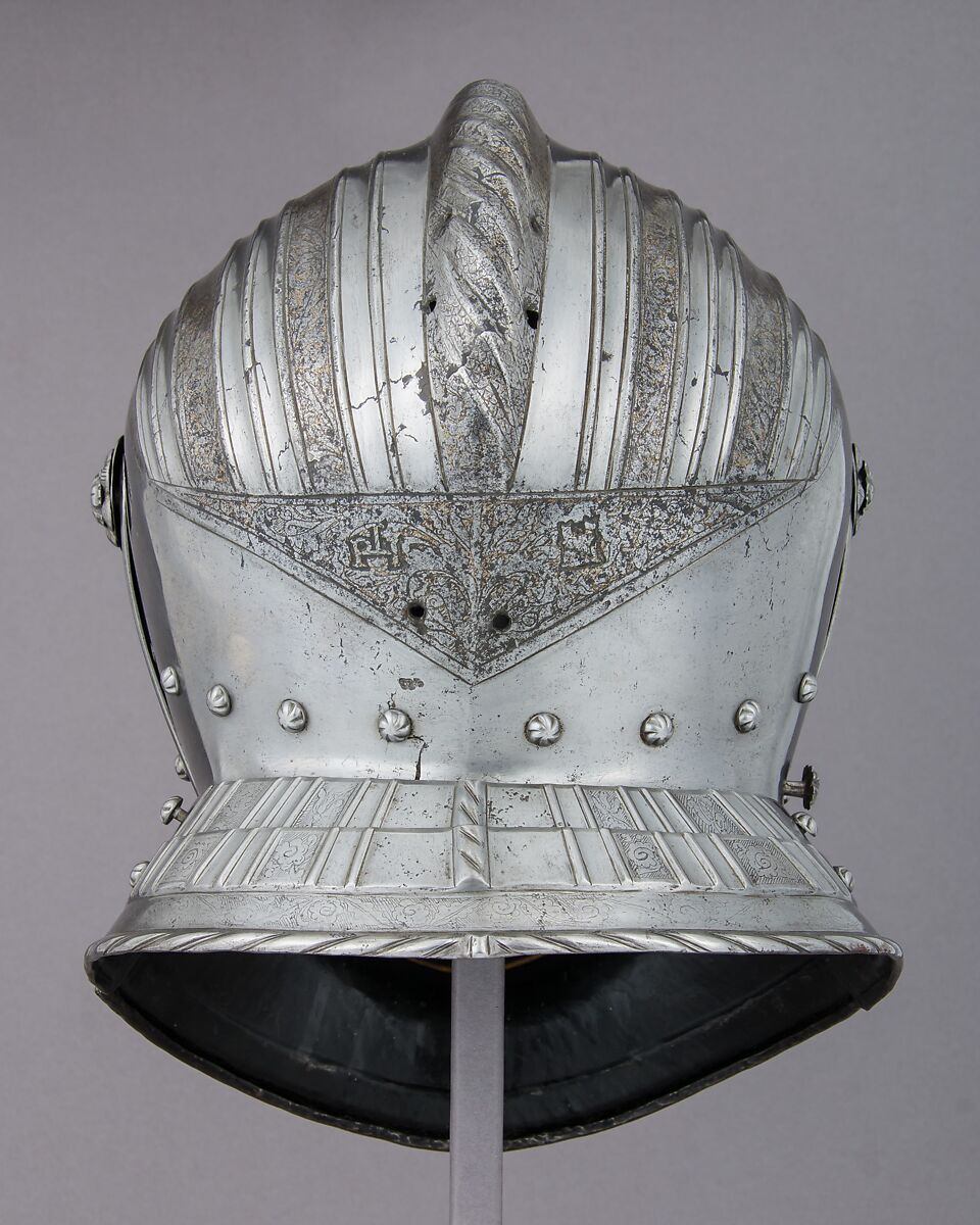 Close-Helmet, Steel, leather, gold, Italian, Milan or Brescia