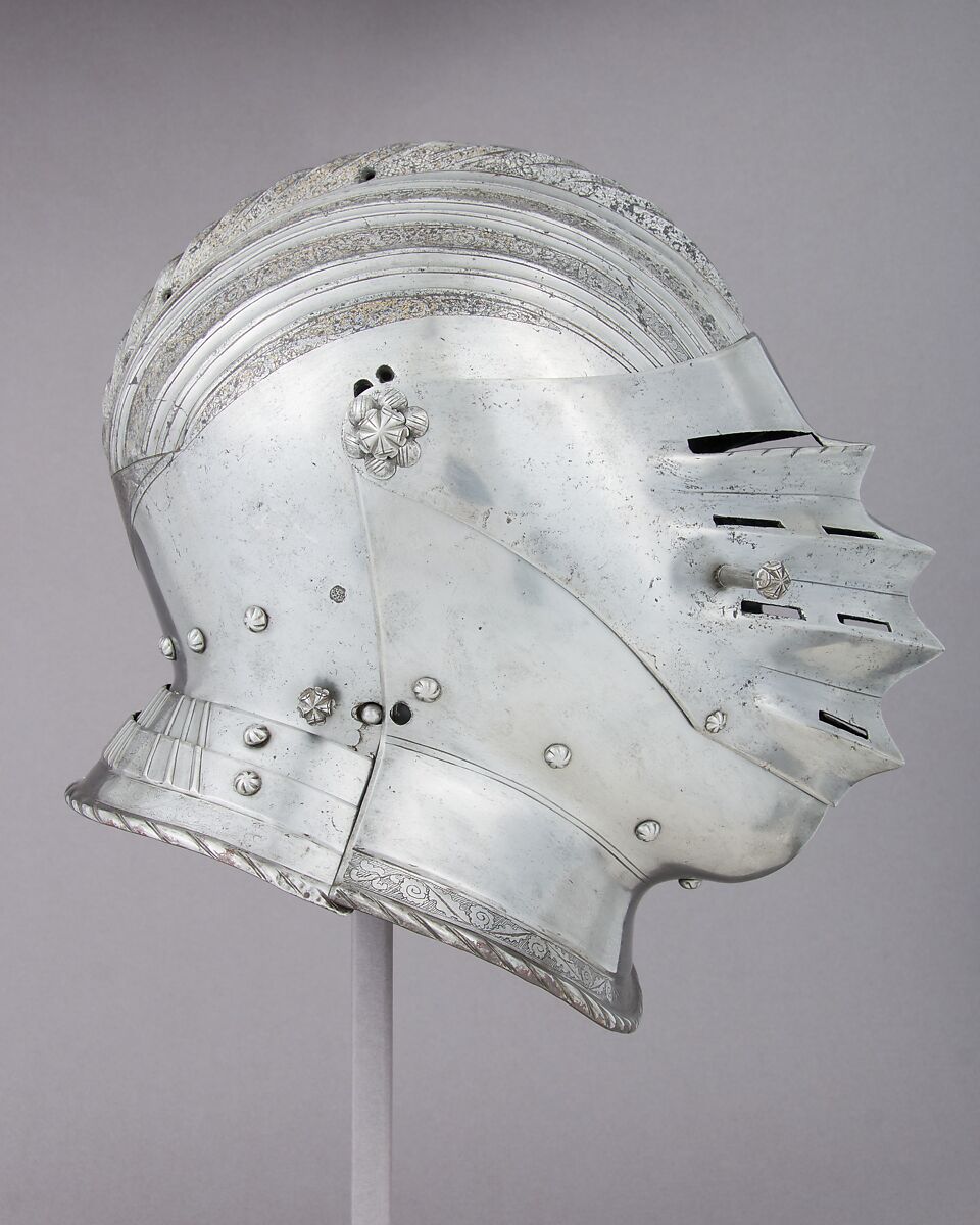 Close-Helmet, Steel, leather, gold, Italian, Milan or Brescia