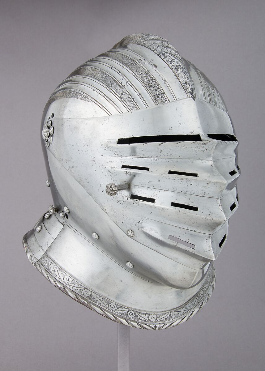 Close-Helmet, Steel, leather, gold, Italian, Milan or Brescia