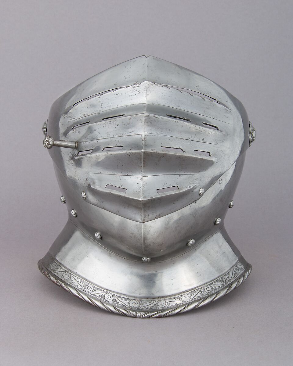 Close-Helmet, Steel, leather, gold, Italian, Milan or Brescia