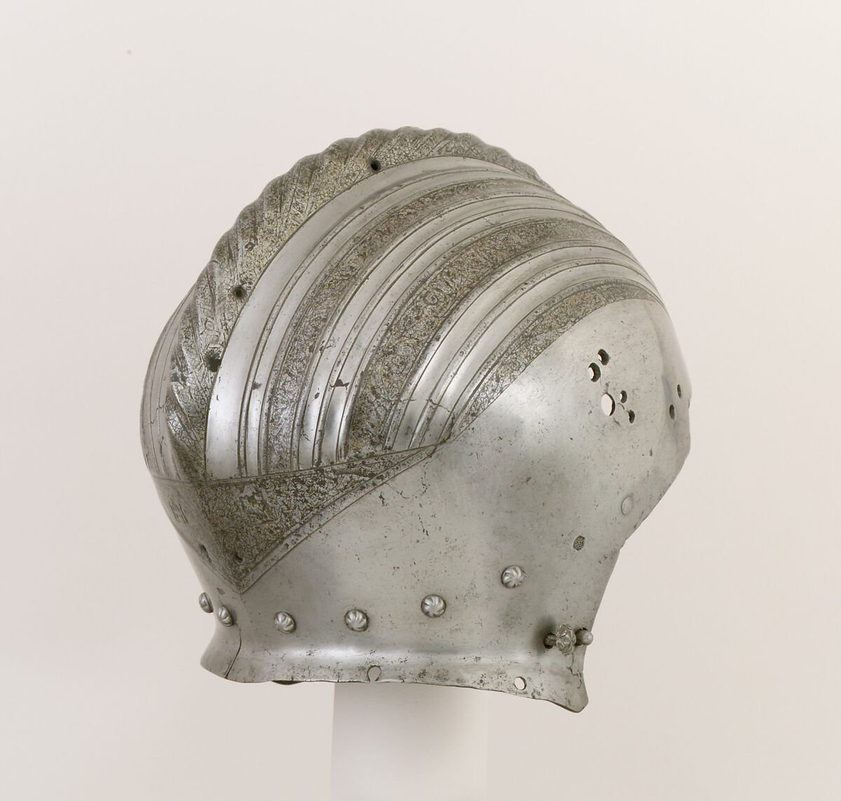 Close-Helmet, Steel, leather, gold, Italian, Milan or Brescia