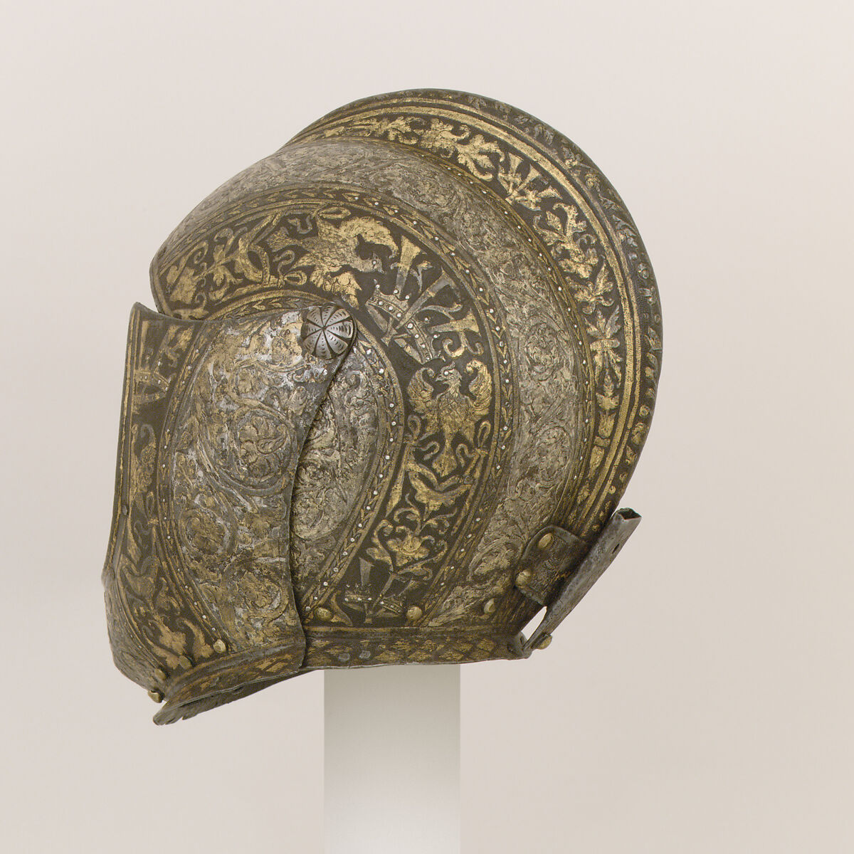 Close-Helmet of Vicenzo I Gonzaga (1562–1612), Duke of Mantua, Steel, gold, silver, Italian, Milan