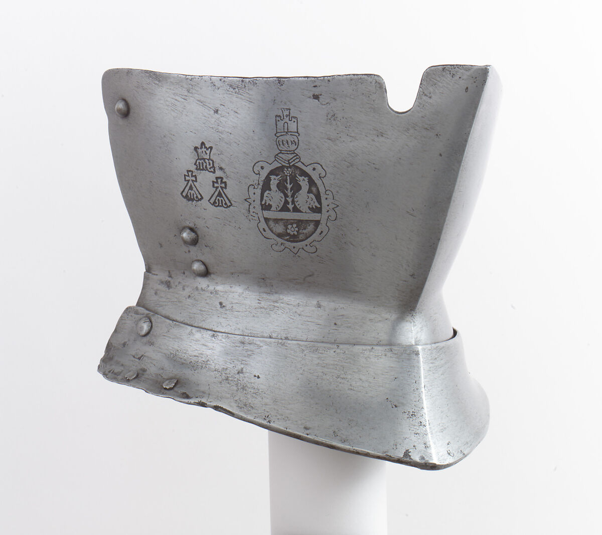 Pointed Morion, Steel, copper alloy (brass), gold, silver, leather, Italian, Milan