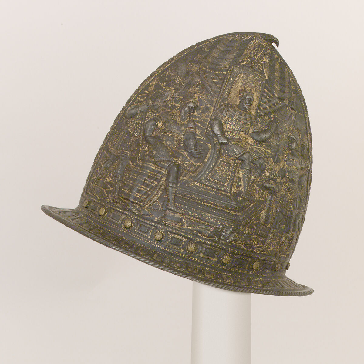 Pointed Morion, Steel, copper alloy (brass), gold, silver, leather, Italian, Milan