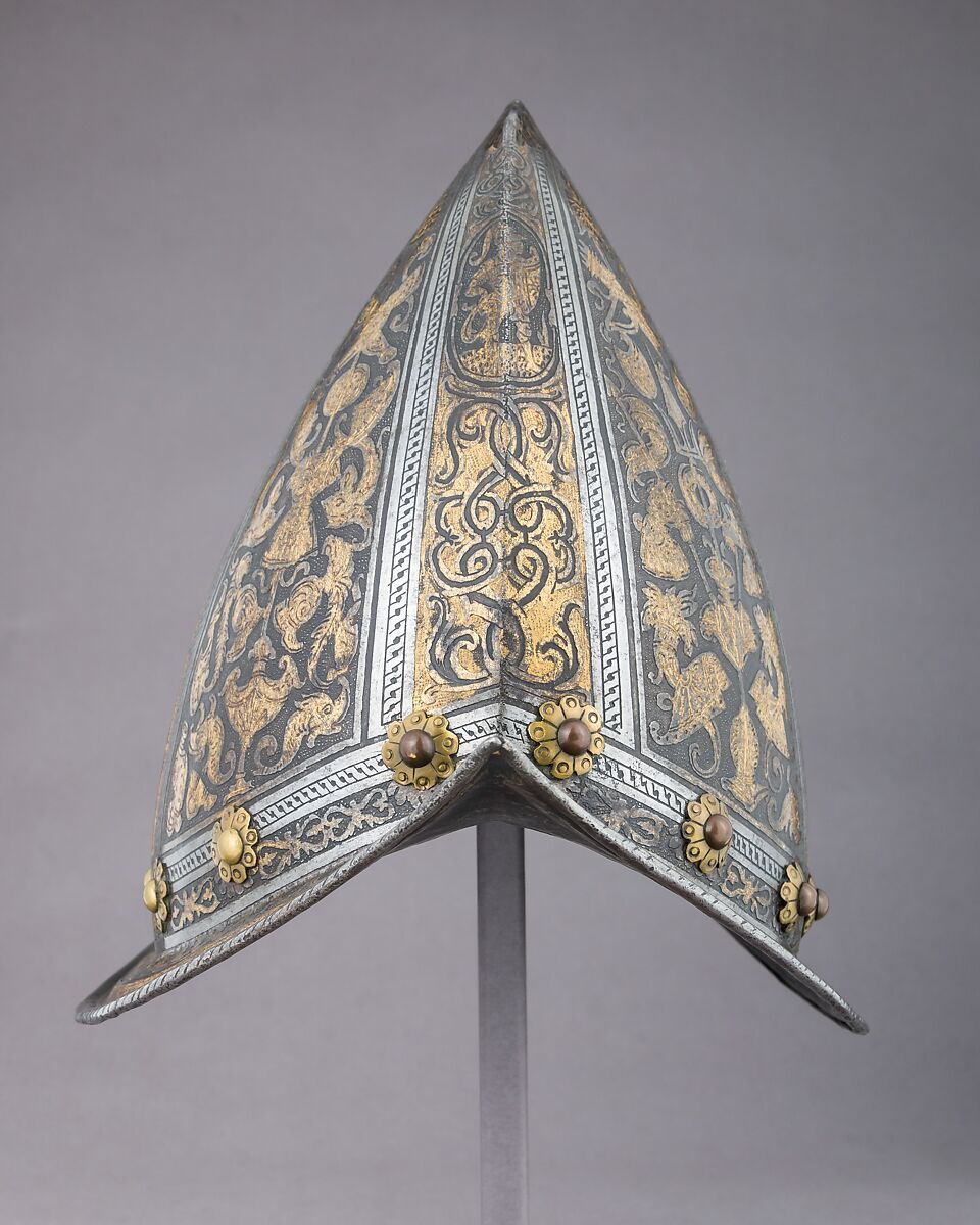 Pointed Morion, Steel, gold, brass, leather, Italian, Milan
