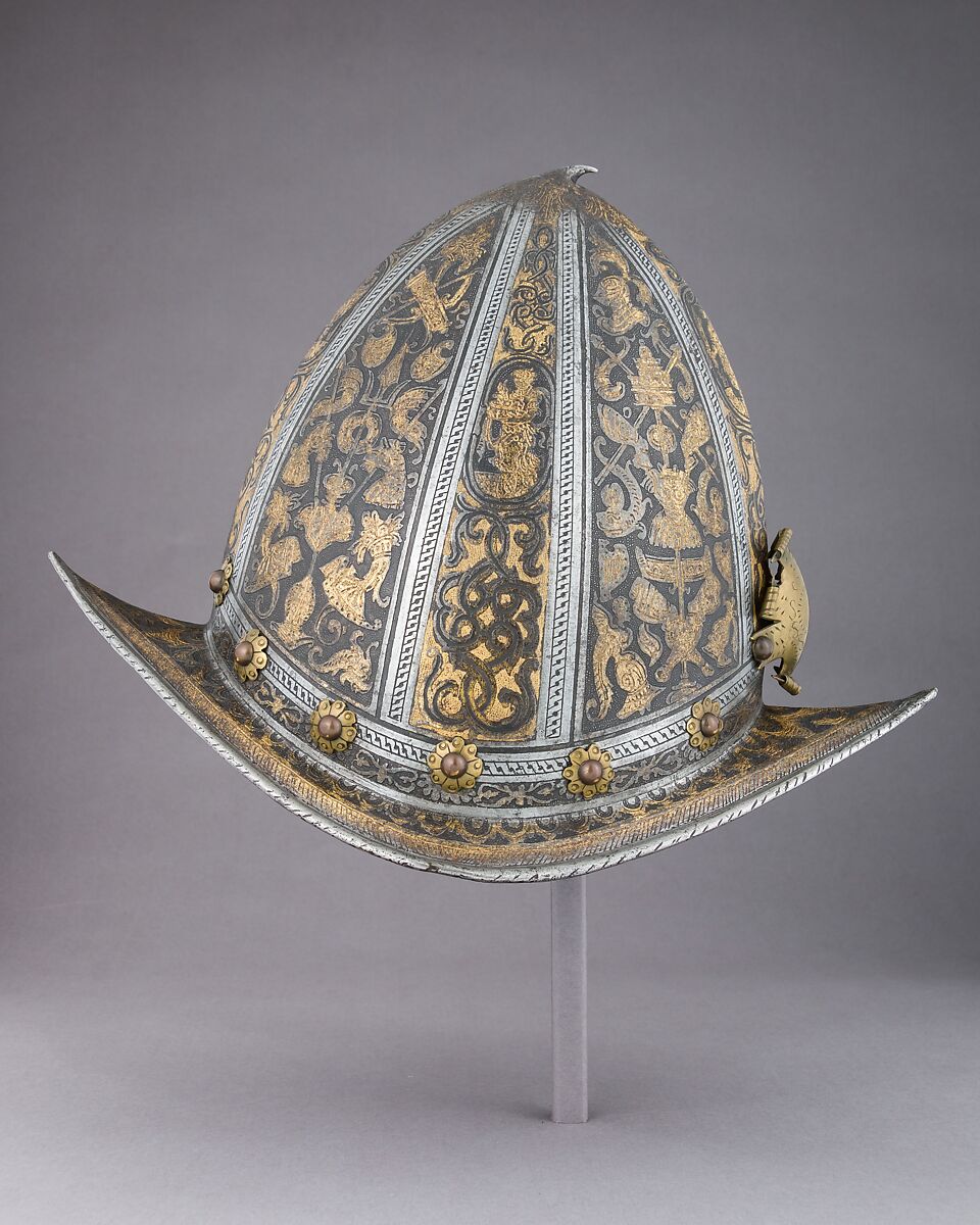 Pointed Morion, Steel, gold, brass, leather, Italian, Milan