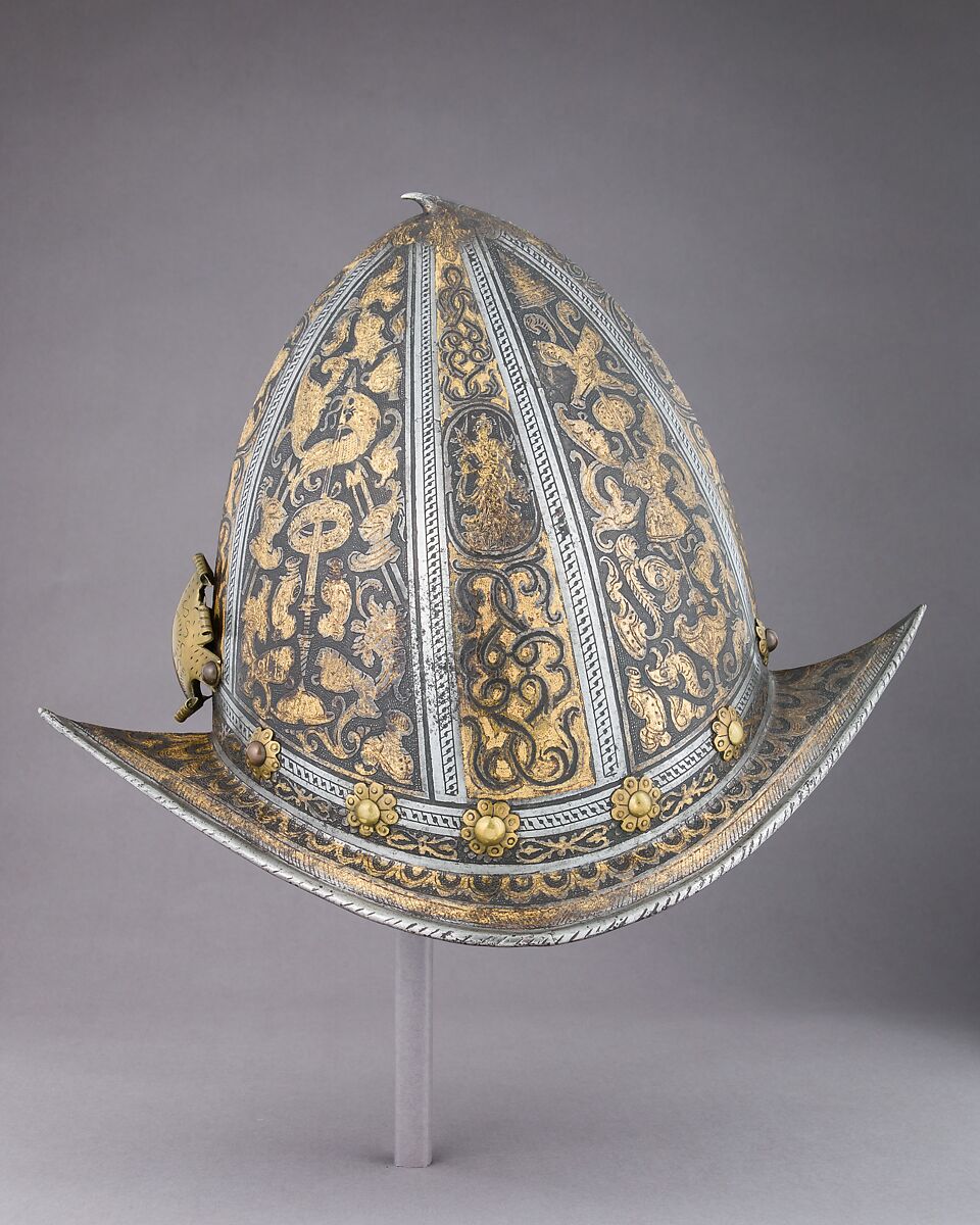 Pointed Morion, Steel, gold, brass, leather, Italian, Milan