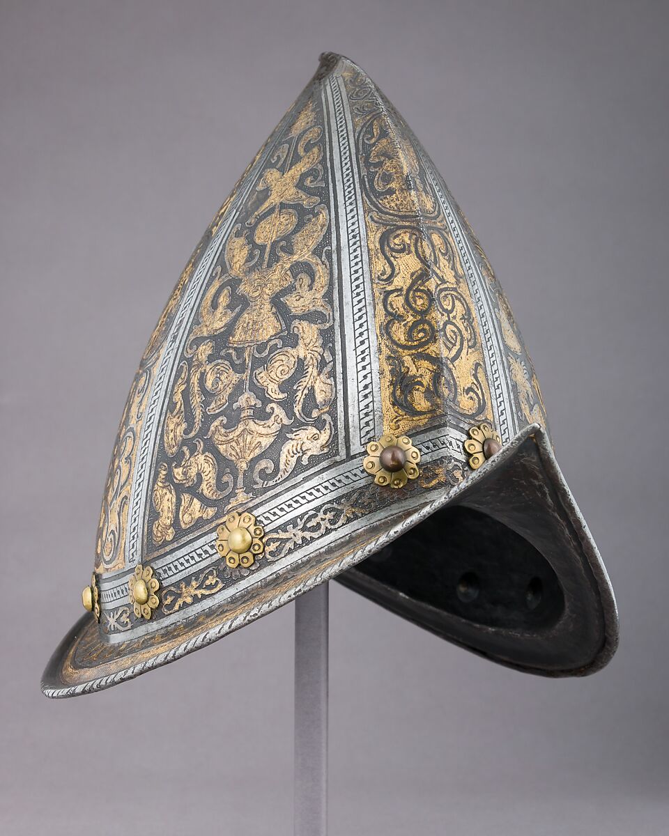 Pointed Morion, Steel, gold, brass, leather, Italian, Milan
