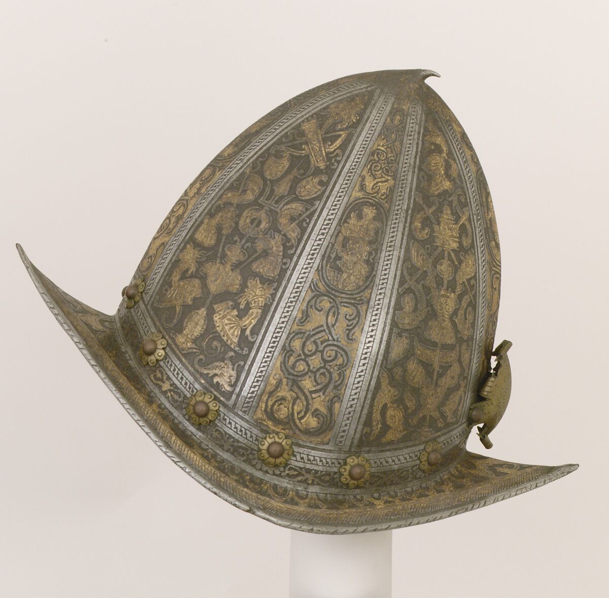 Pointed Morion, Steel, gold, brass, leather, Italian, Milan