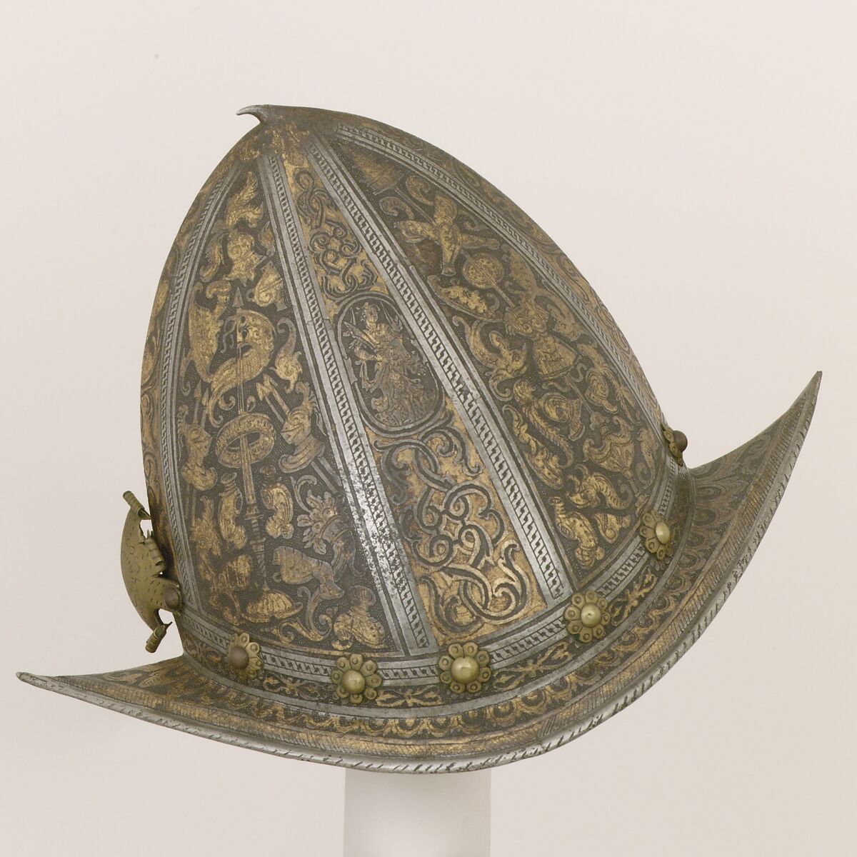Pointed Morion, Steel, gold, brass, leather, Italian, Milan 