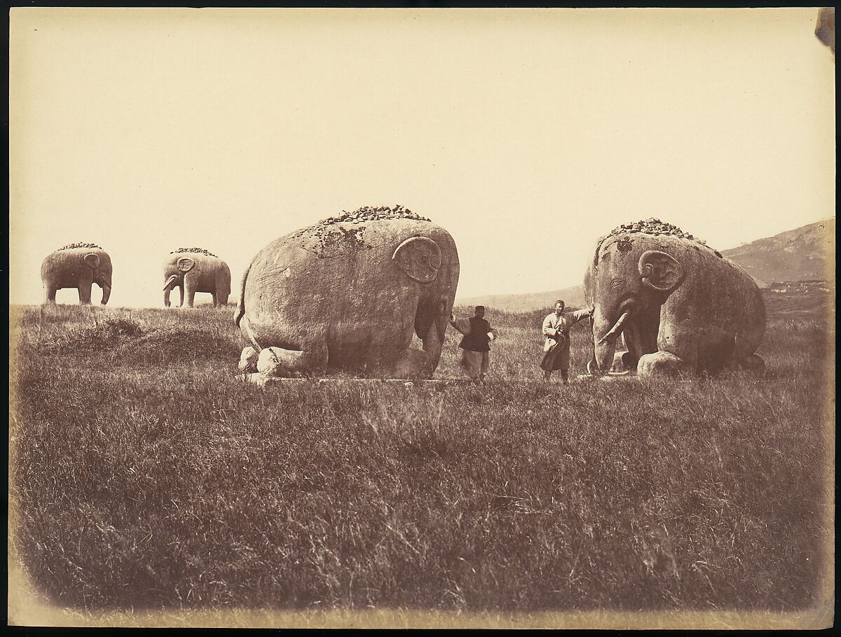 [Two Men by Monumental Elephant Statues, China], Unknown, Albumen silver print 