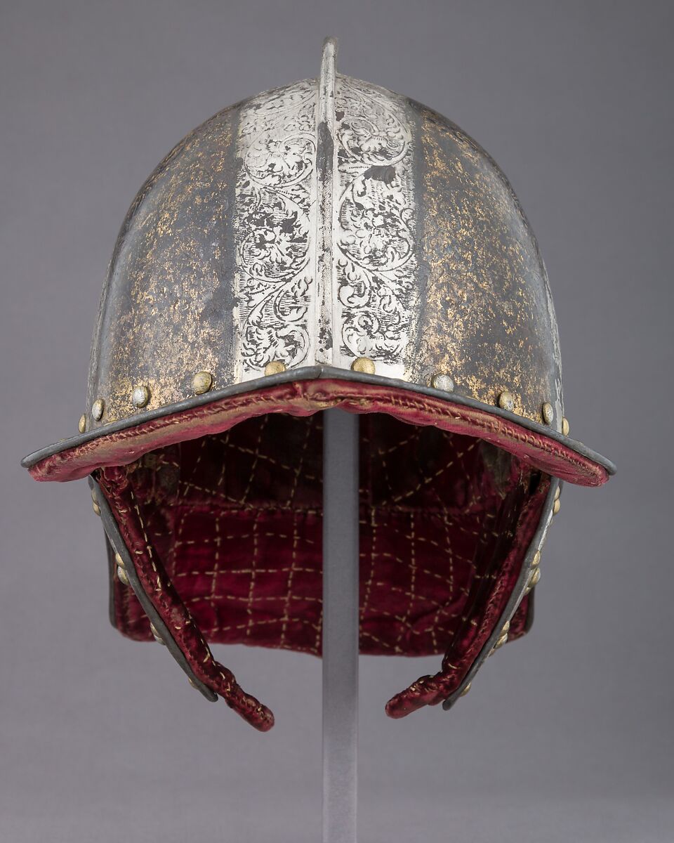 Helmet for a Harquebusier, Steel, gold, silver, textile, Dutch or British