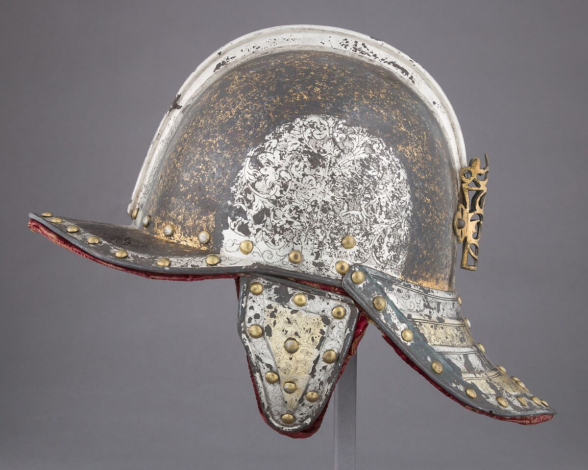 Helmet for a Harquebusier, Steel, gold, silver, textile, Dutch or British