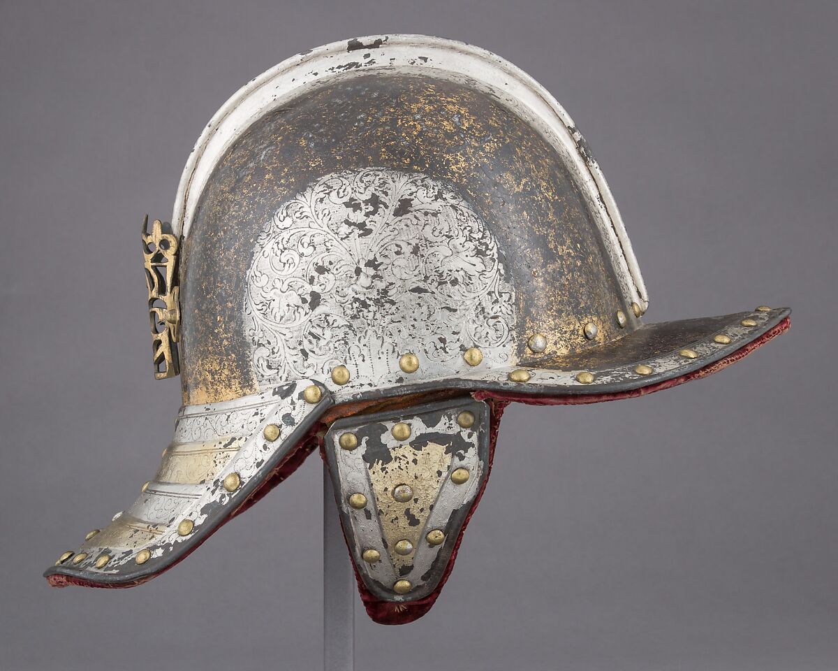 Helmet for a Harquebusier, Steel, gold, silver, textile, Dutch or British, later modified in Japan 
