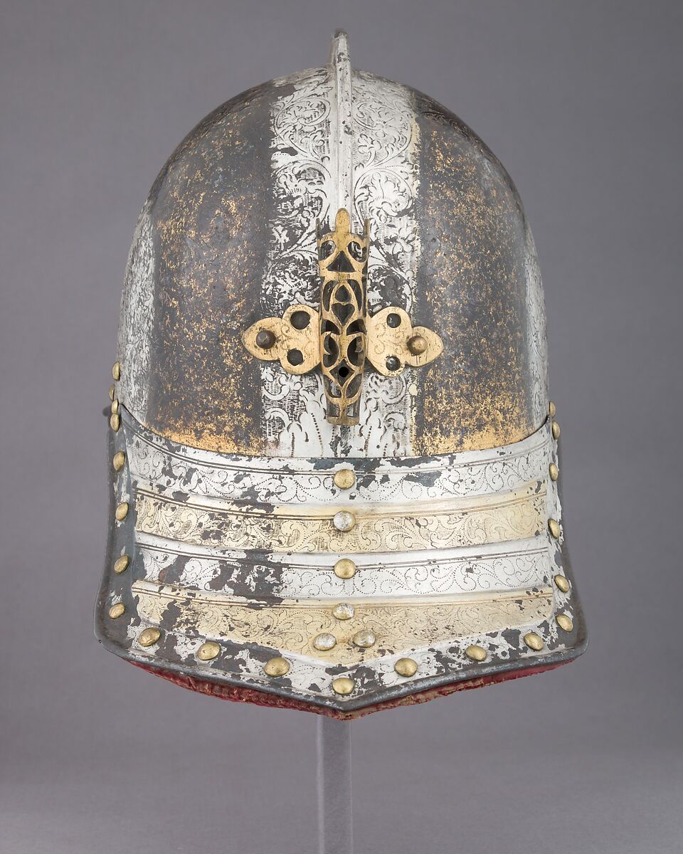 Helmet for a Harquebusier, Steel, gold, silver, textile, Dutch or British