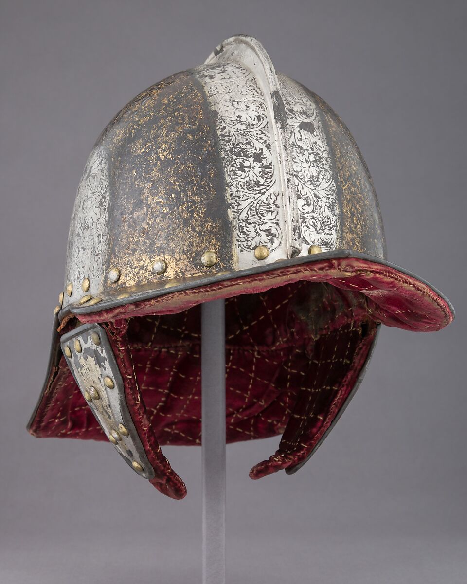 Helmet for a Harquebusier, Steel, gold, silver, textile, Dutch or British