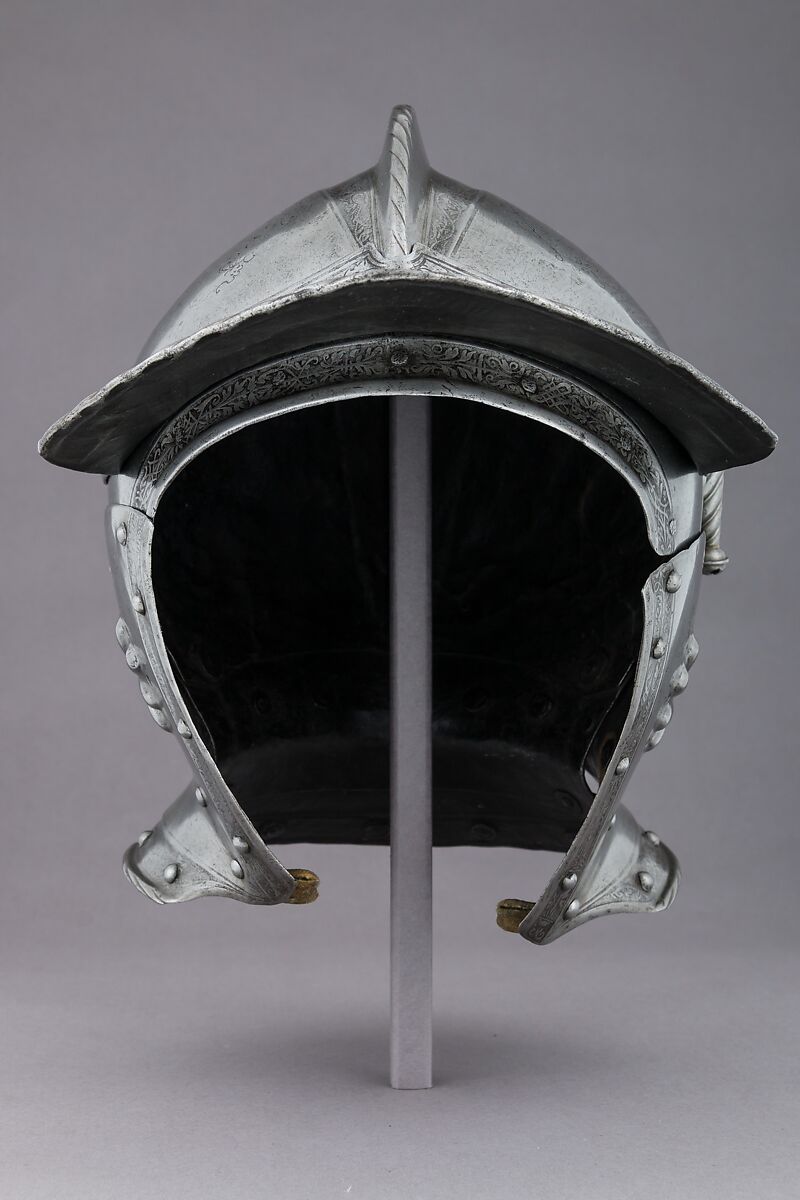 Burgonet, Decoration attributed to Ulrich Holzmann (German, Augsburg, recorded 1534–62), Steel, brass, leather, German, probably Augsburg