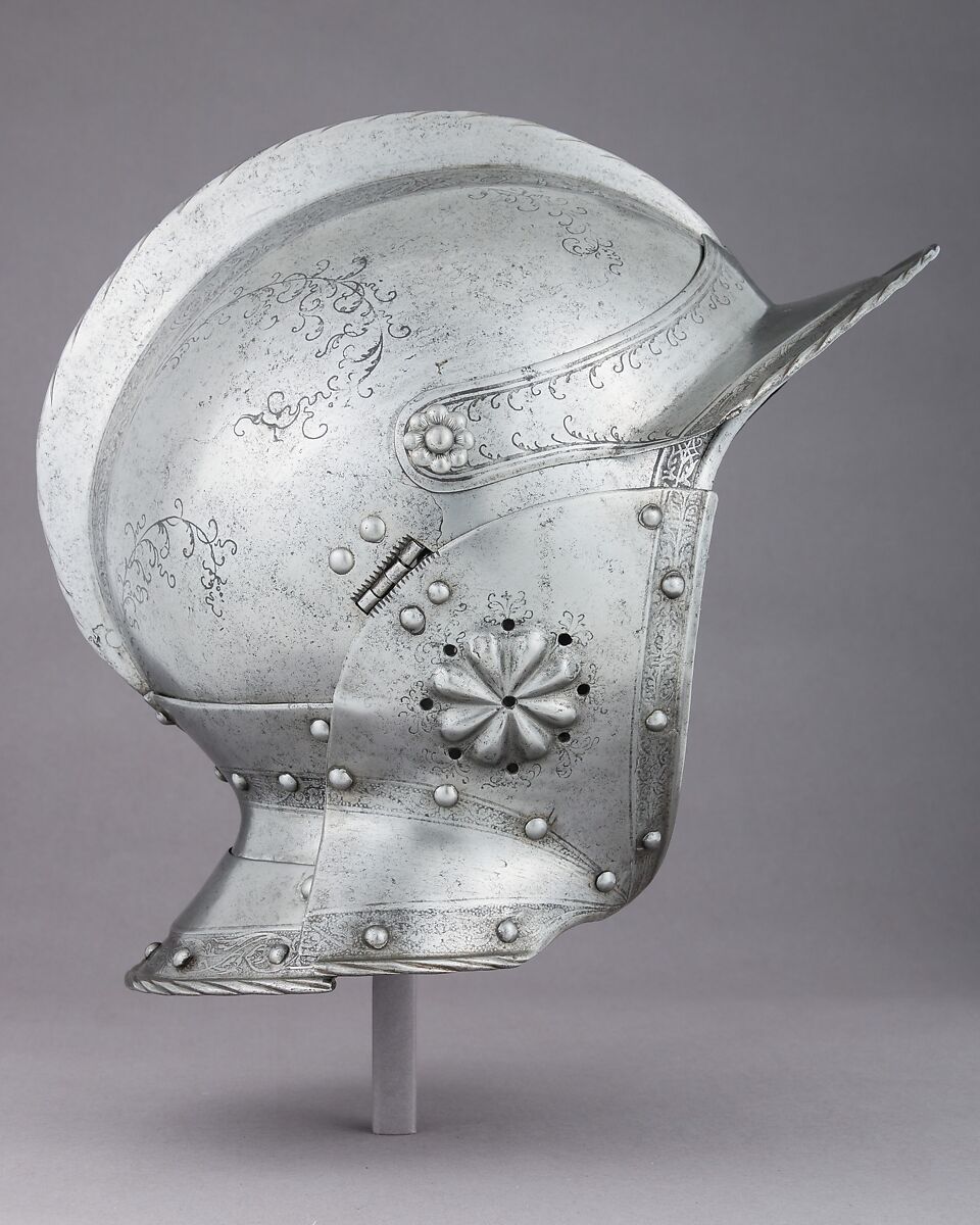 Burgonet, Decoration attributed to Ulrich Holzmann (German, Augsburg, recorded 1534–62), Steel, brass, leather, German, probably Augsburg