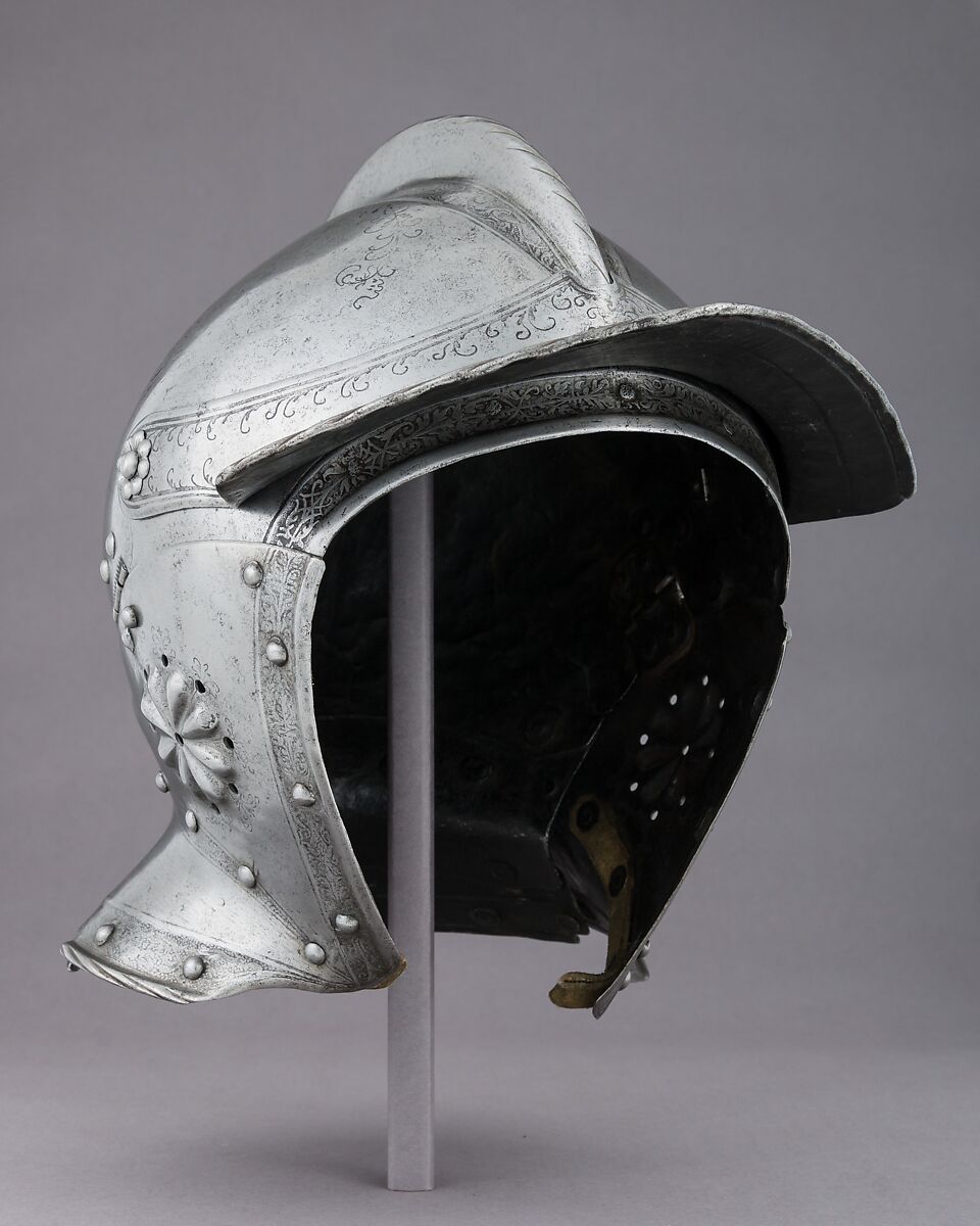 Burgonet, Decoration attributed to Ulrich Holzmann (German, Augsburg, recorded 1534–62), Steel, brass, leather, German, probably Augsburg