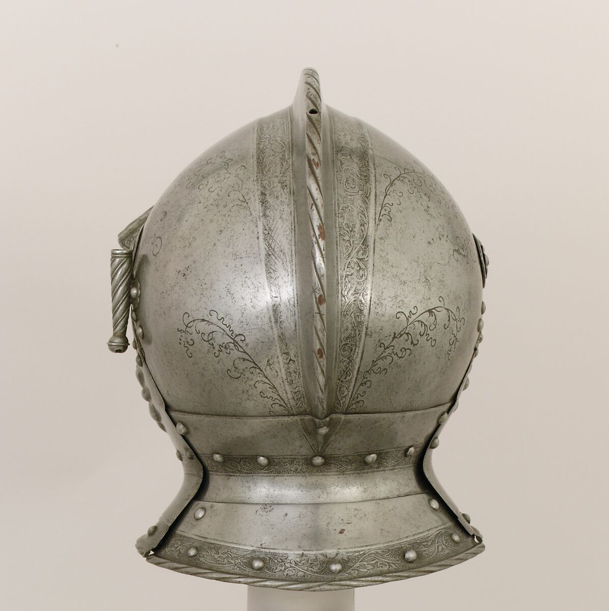 Burgonet, Decoration attributed to Ulrich Holzmann (German, Augsburg, recorded 1534–62), Steel, brass, leather, German, probably Augsburg