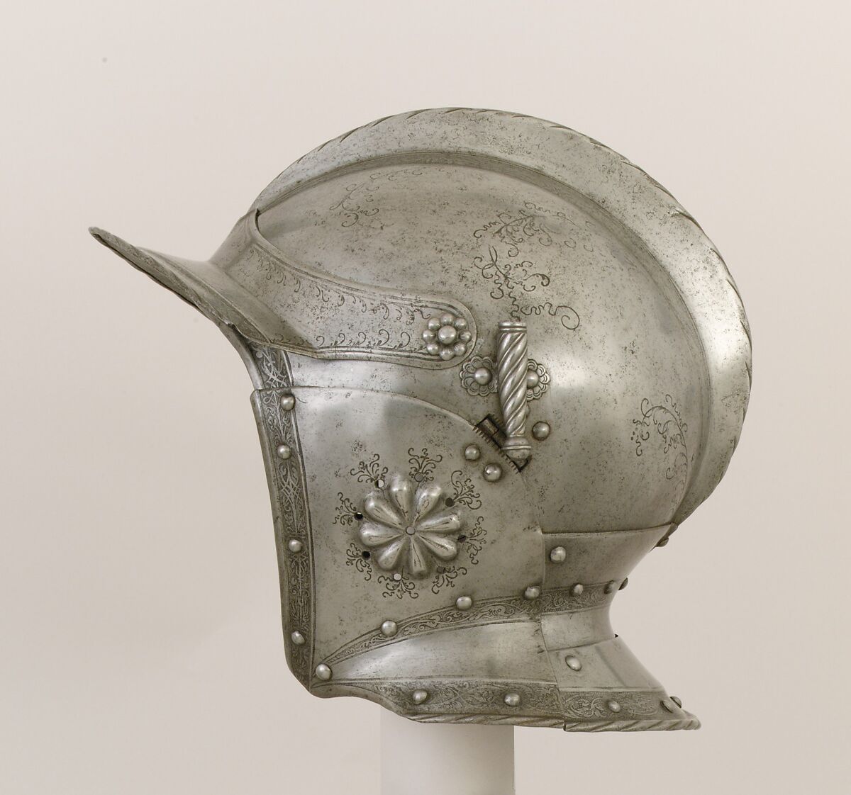 Burgonet, Decoration attributed to Ulrich Holzmann (German, Augsburg, recorded 1534–62), Steel, brass, leather, German, probably Augsburg