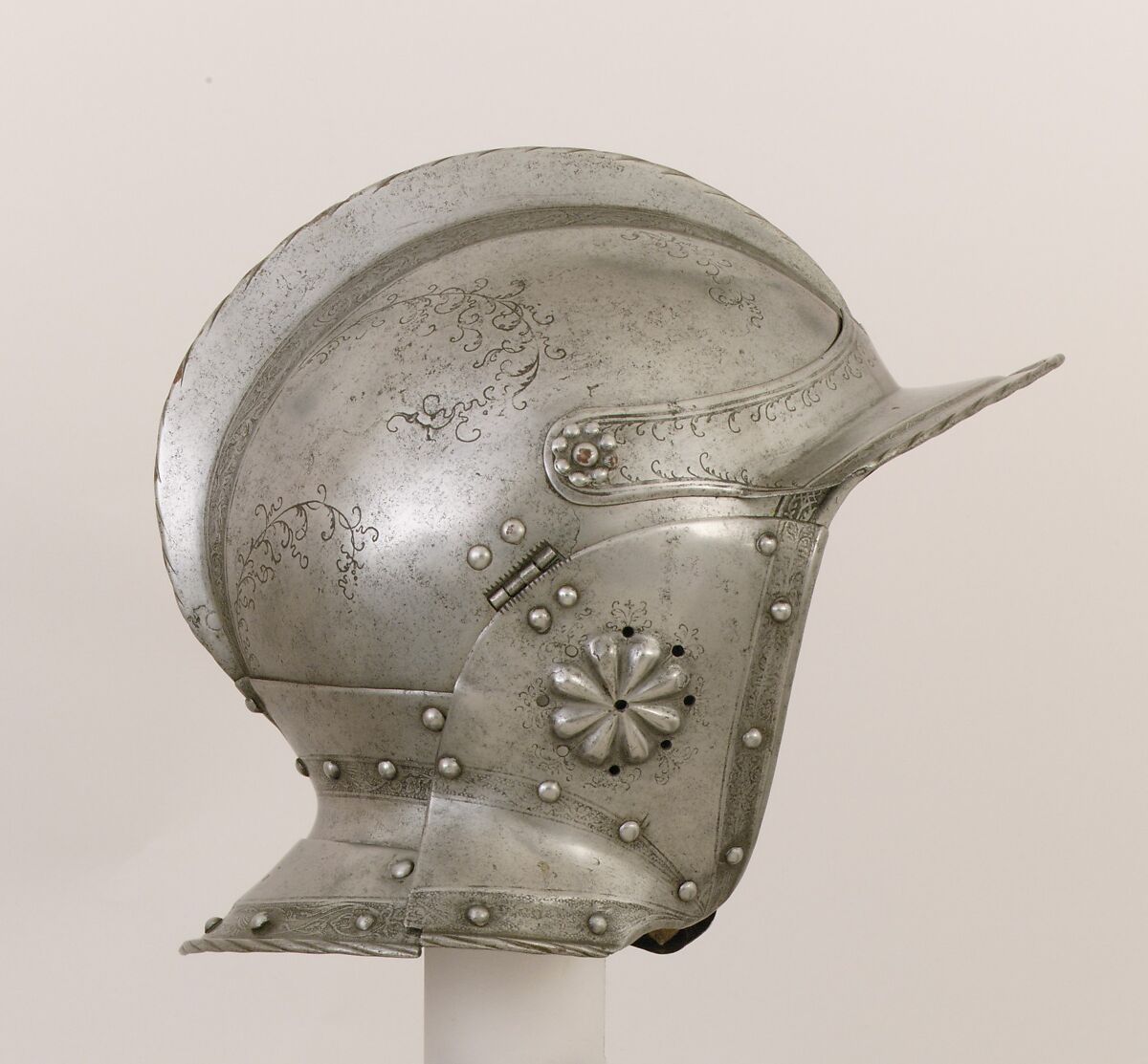 Burgonet, Decoration attributed to Ulrich Holzmann (German, Augsburg, recorded 1534–62), Steel, brass, leather, German, probably Augsburg