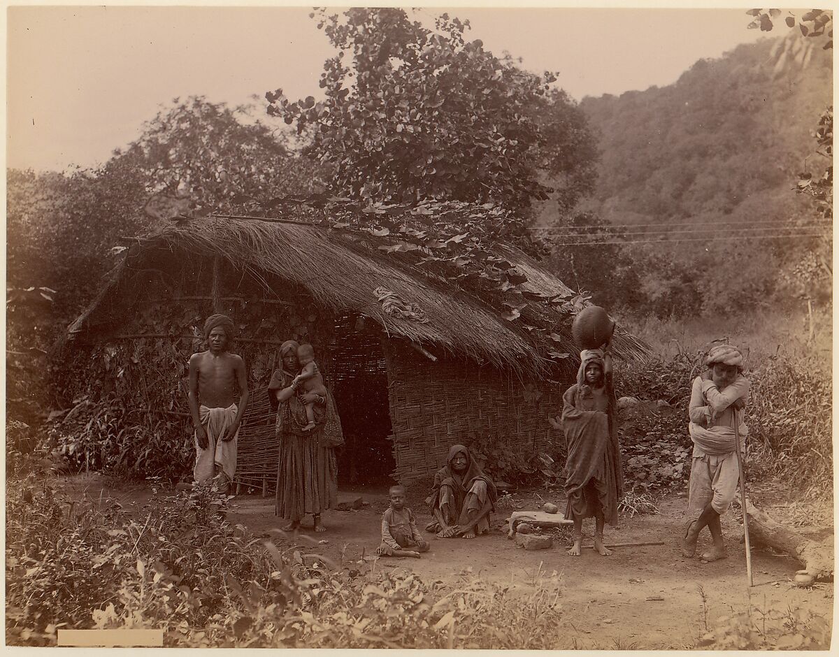 [Thatched House, People in Foreground, Telegraph Lines in Background], Unknown, Albumen silver print from glass negative 