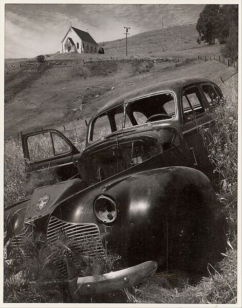 Church and Abandoned Automobile, Tiburon, California, Ansel Easton Adams (American, San Francisco, California 1902–1984 Carmel, California), Instant diffusion transfer print (Polaroid) 