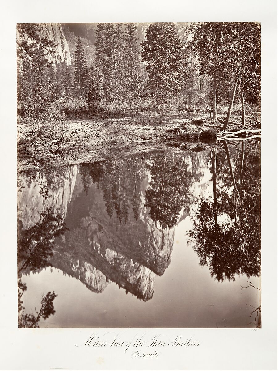 Mirror View of the Three Brothers, Yosemite, Attributed to Carleton E. Watkins (American, 1829–1916), Albumen silver print from glass negative 
