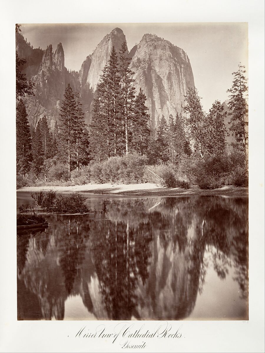 Mirror View of Cathedral Rocks, Yosemite, Attributed to Carleton E. Watkins (American, 1829–1916), Albumen silver print from glass negative 