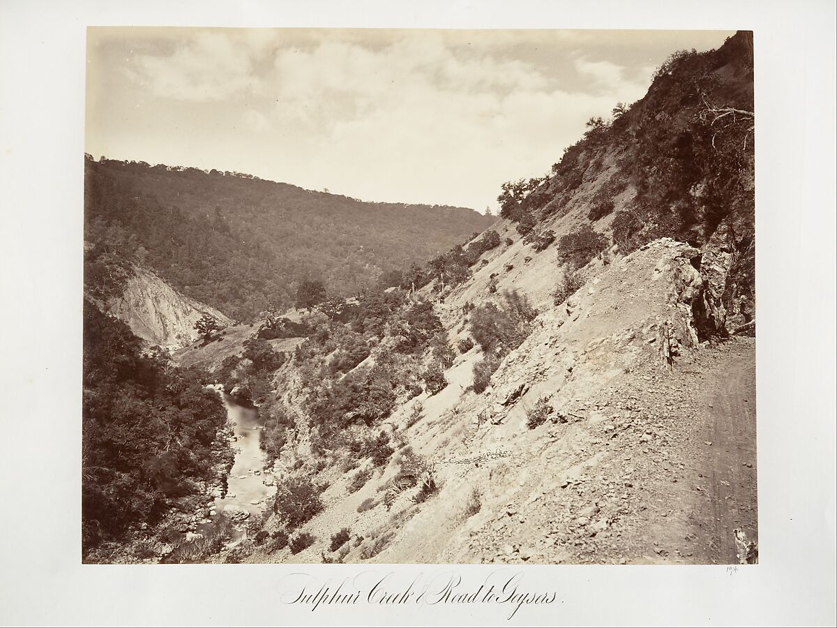 Sulphur Creek and Road to Geysers, Carleton E. Watkins (American, 1829–1916), Albumen silver print from glass negative 