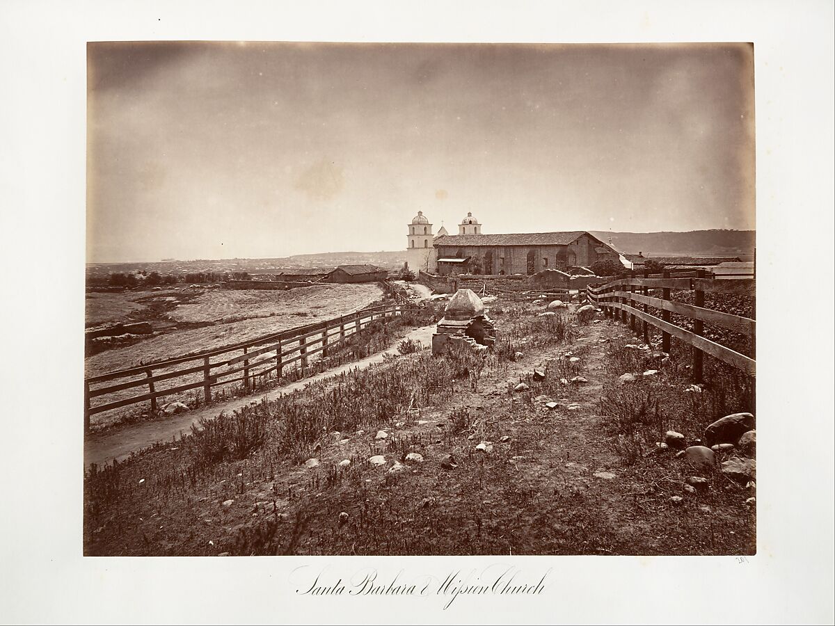 Santa Barbara and Mission Church, Carleton E. Watkins (American, 1829–1916), Albumen silver print from glass negative 