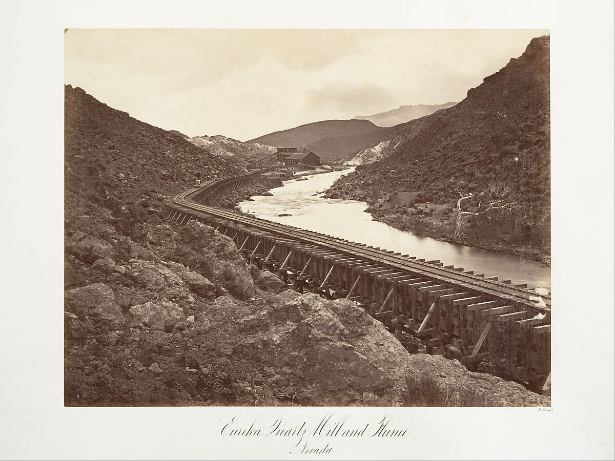 Eureka Quartz Mill and Flume, Nevada, Carleton E. Watkins (American, 1829–1916), Albumen silver print from glass negative 