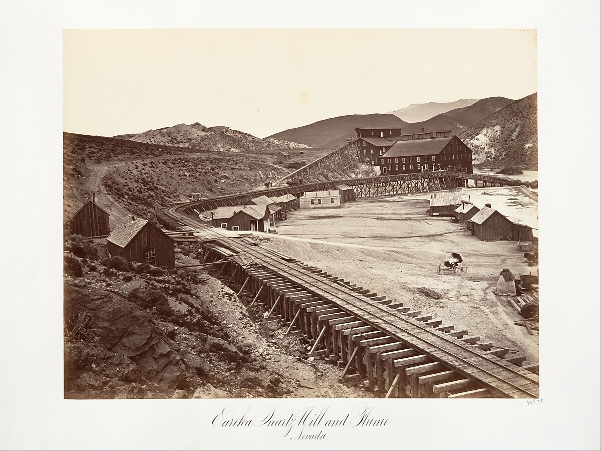 Eureka Quartz Mill and Flume, Nevada, Carleton E. Watkins (American, 1829–1916), Albumen silver print from glass negative 