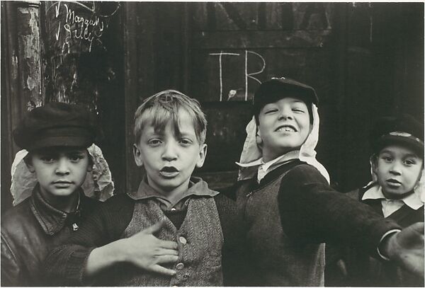 [Four Boys in "Beau Geste" Headgear, New York City], Helen Levitt (American, 1913–2009), Gelatin silver print 