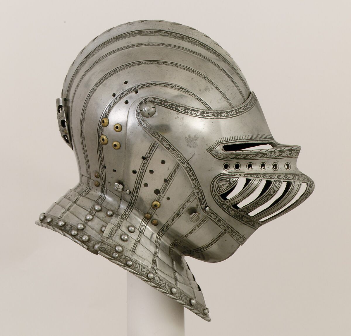 Close Helmet for a Boy, Attributed to Kolman Helmschmid (German, Augsburg 1471–1532), Steel, leather, copper alloy, German, Augsburg 