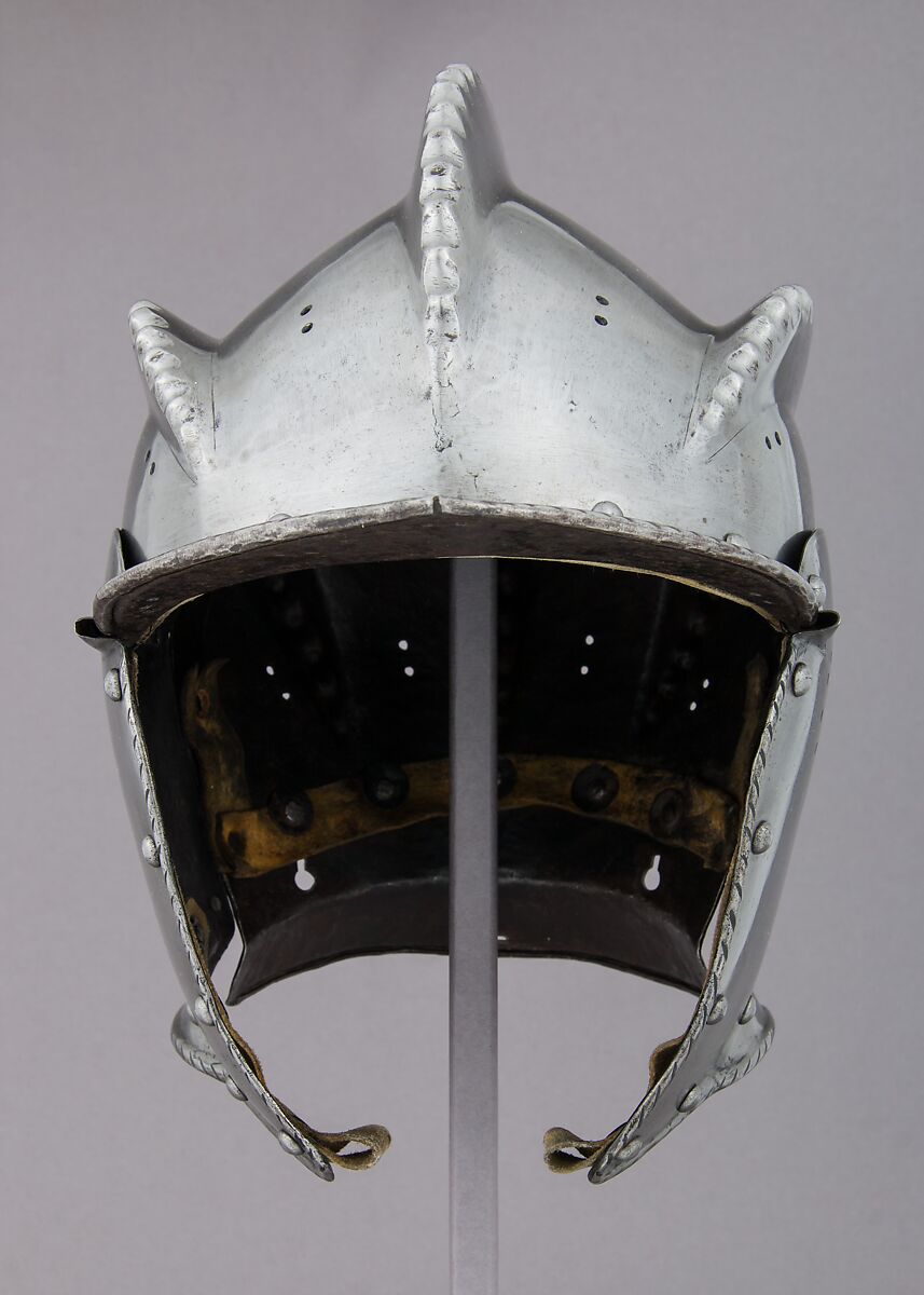 Burgonet, Replacement cheek-pieces made by Leonard Heinrich (American (born Germany) Munich 1900–1966 Clarksville, New Jersey)  ,  in The Metropolitan Museum of Art, Armor Workshop, Steel, leather, German, Augsburg